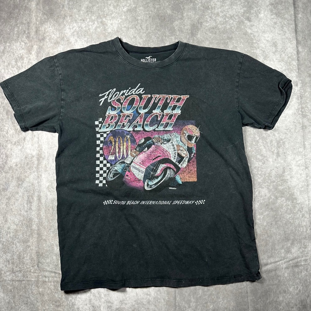 Hollister Mens Small Faded Black Graphic T-Shirt Florida‎ South Beach Motorcycle